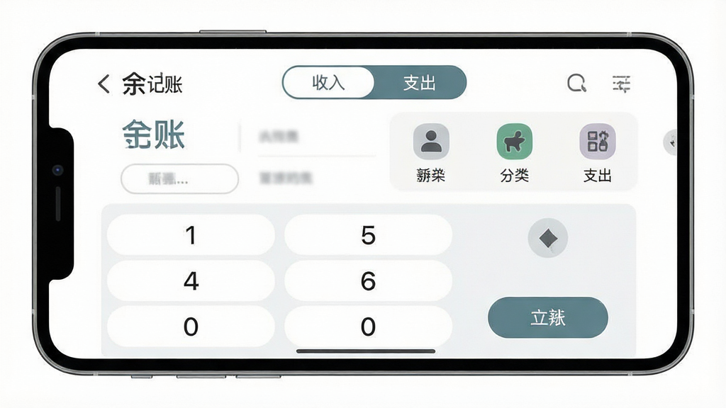 一张展示手机记账操作界面的示意图,画面主体为一部横放的智能手机,屏幕中显示“余岛记账”的快速记账面板,数字键盘占据下方区域,上方有收入与支出两个切换标签和若干分类图标,布局简洁清晰,风格现代扁平化,细节上强调大按钮和易点击的交互区域,画质清晰干净,无杂乱背景元素