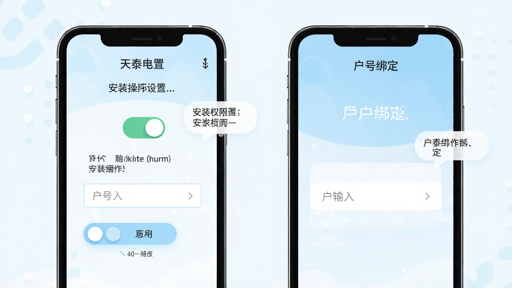 天泰电力APP新手操作引导页面展示,画面主体为手机屏幕中的安装权限设置与户号绑定界面,布局采用上下分步引导式排版,风格为清新浅色扁平设计,细节包含权限开关按钮、户号输入框、提示文字气泡,画质高清干净无多余元素