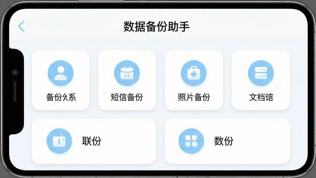 一张展示数据备份助手软件界面的手机屏幕截图,画面中央为软件主界面,顶部显示软件名称“数据备份助手”,下方排列联系人备份、短信备份、照片备份、文档备份四个功能卡片,卡片采用圆角设计配浅蓝色图标,整体采用清爽白色背景搭配淡蓝色点缀,风格简洁现代,细节清晰展示图标与文字排版,画质清晰干净无多余元素
