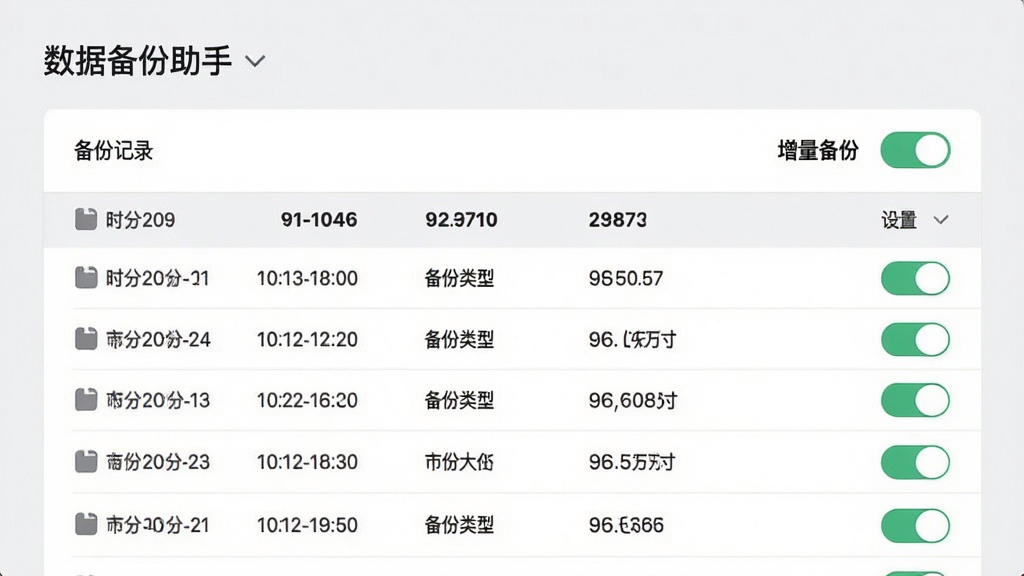 数据备份助手设置页面展示备份记录列表,列表中显示多次备份的时间、备份类型与文件大小,界面中有“增量备份”开关处于开启状态,整体采用浅灰色背景配白色卡片,风格素雅极简,细节清晰展示文字信息与开关状态,画质清晰干净无多余元素