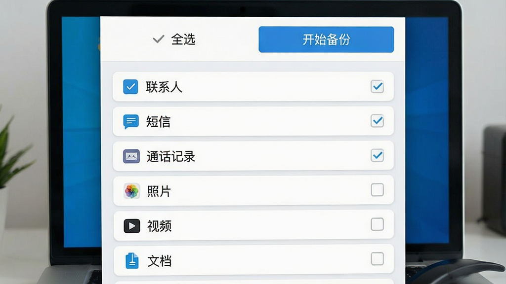 数据备份助手软件界面展示多类型数据勾选列表,屏幕中列出联系人、短信、通话记录、照片、视频、文档等选项,每个选项前有勾选框,部分已勾选,界面采用浅色卡片式布局,顶部有“全选”与“开始备份”按钮,风格简洁明快,细节清晰展示文字与图标,画质清晰干净无多余元素