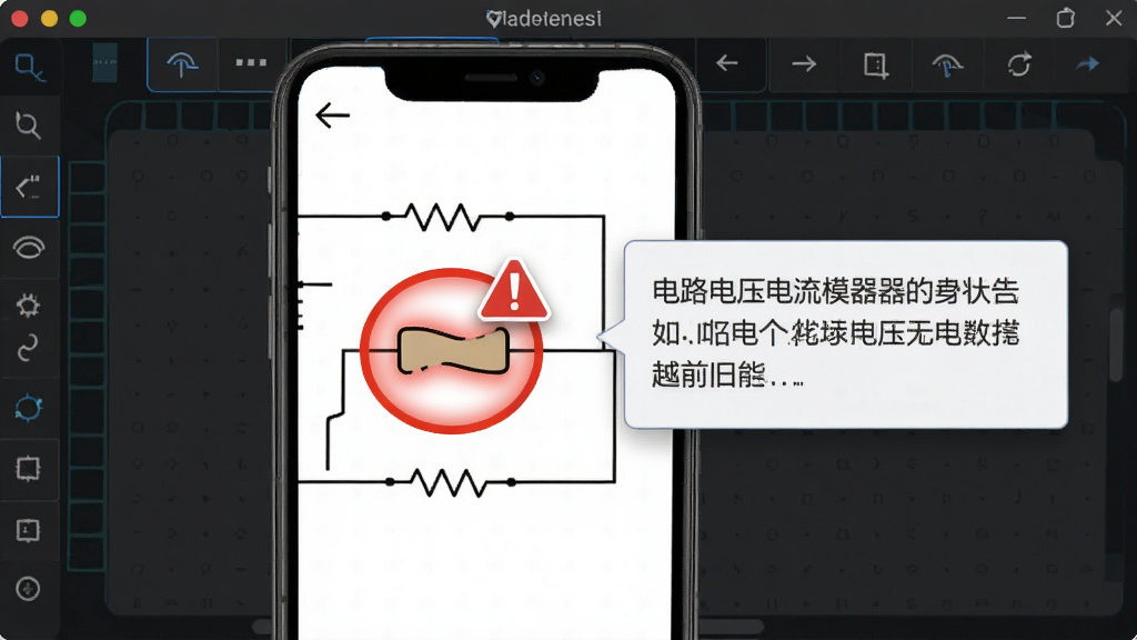 一张电路电压电流模拟器软件界面截图风格图片,画面中手机屏幕显示一个电路图,其中一个电阻被红色高亮圈出并带有警告图标,旁边浮出文字提示框,背景为深色工作区,整体风格为教学演示类UI,布局简洁,文字清晰可读,画质干净无杂乱元素