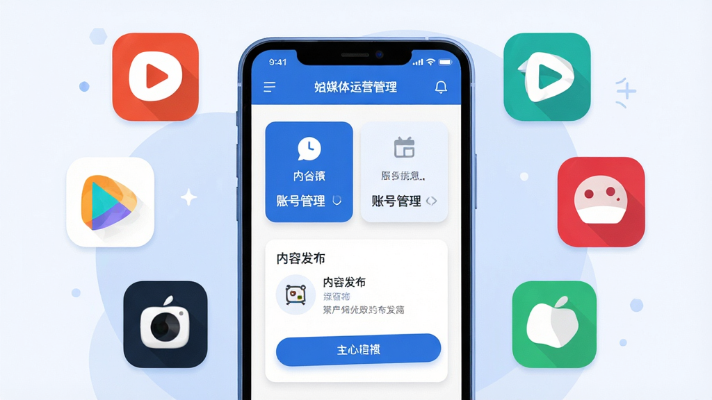 画面中央展示一部智能手机,手机屏幕内呈现自媒体运营管理界面的布局,包含账号管理卡片与内容发布入口,手机周围环绕着多个内容平台的图标元素,整体采用扁平化插画风格,配色以蓝白为主,细节上突出界面元素的层次感与清晰度,画质干净锐利,无多余装饰元素