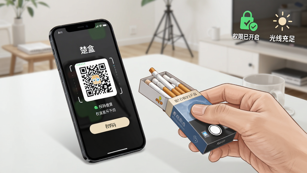 一部手机放置在桌面上,屏幕显示“楚盒”扫码页面,旁边有一只手正拿着烟盒对准摄像头,画面一角用图标标注“权限已开启”和“光线充足”,背景为整洁的室内环境,风格为写实教程插画,布局突出手机与烟盒的互动关系,细节表现界面按钮与提示文字,画质干净清晰,无多余装饰