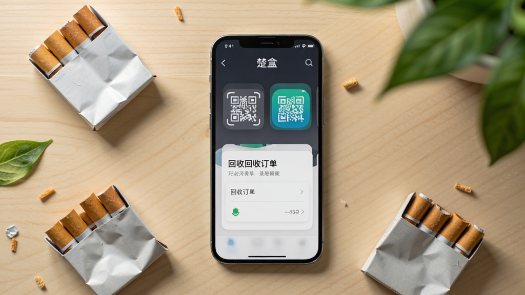 画面中央放置一部智能手机,手机屏幕显示“楚盒”应用主界面,界面中有扫码按钮和回收订单卡片,手机周围散落几个压扁的烟盒与绿色植物叶片,背景为浅木色桌面,整体采用清新写实风格,光线柔和,构图居中稳定,细节清晰展示应用图标与界面元素,画质干净高清,无多余杂物