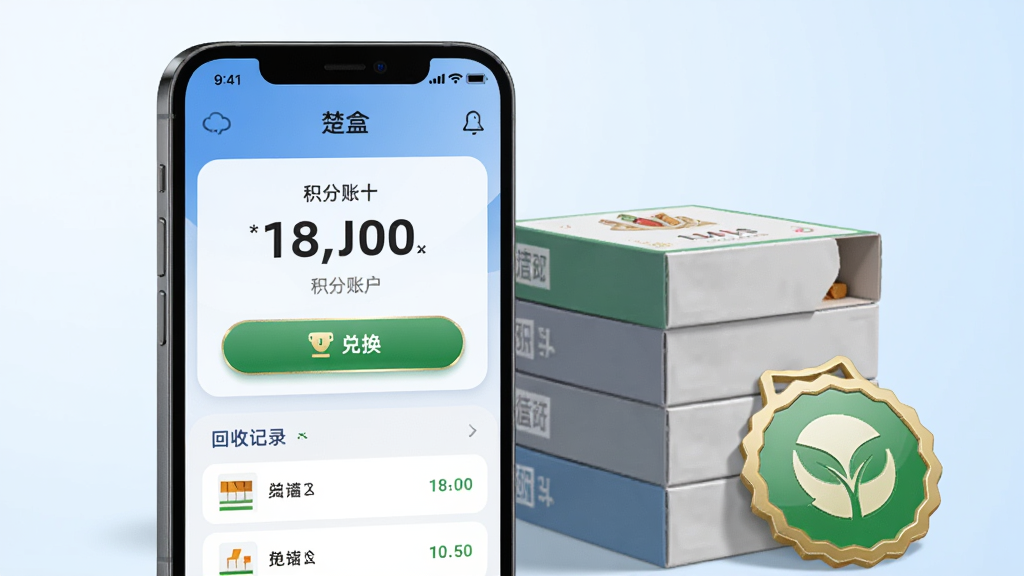 手机屏幕展示“楚盒”积分账户页面,页面中有积分数字、兑换按钮和回收记录列表,手机旁边摆放几个整齐堆叠的烟盒与一枚绿色环保徽章,背景为淡蓝色渐变,风格为简洁商务插画,布局手机居中偏左,细节表现数字与按钮质感,画质干净高清,无多余元素