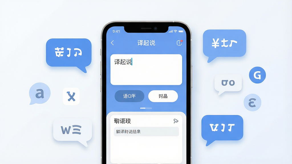一张展示手机翻译应用界面的场景图,画面中央是一部竖屏智能手机,屏幕显示“译起说”应用的主界面,包含文本输入框、语言切换按钮和翻译结果区域,手机周围环绕着代表多语种的对话气泡与字母符号,整体布局简洁清晰,风格为现代扁平化科技风,细节包括柔和的蓝白配色、圆角图标和轻微阴影,画质高清,画面干净,无多余元素