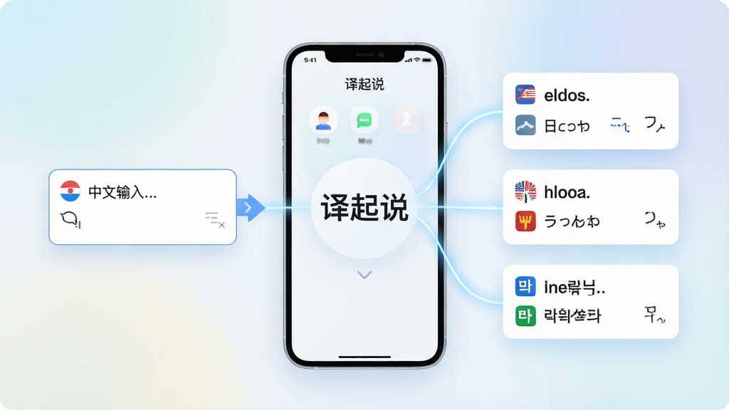 一张表现多语种翻译功能的示意图,画面主体为“译起说”应用界面悬浮在中央,左侧是中文输入框,右侧对应英文、日文、韩文等多种语言的输出卡片,卡片之间用流动的光线连接,布局为左右对称结构,风格为清爽的浅色科技风,细节包括语言图标、翻译箭头和柔和渐变背景,画质高清,画面干净,无多余元素