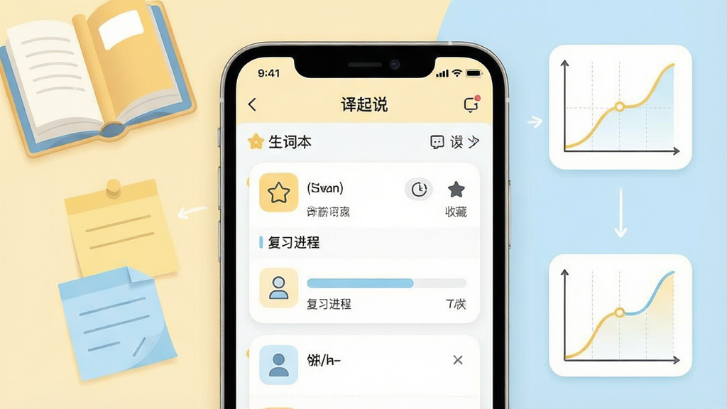 一张表现词汇收藏与学习管理的界面图,画面中央为“译起说”应用中的生词本页面,展示词汇卡片列表、收藏星标和复习进度条,周围点缀书本、便签和记忆曲线元素,布局为上下分层结构,风格为温暖清新的学习场景风,细节包括柔和黄色与浅蓝色调、圆角卡片和简洁图标,画质高清,画面干净,无多余元素