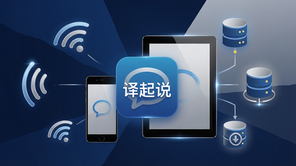 一张表现轻量运行与离线能力的示意图,画面主体为“译起说”应用图标与手机、平板设备组合,设备周围环绕无线网络信号与本地数据库图标,布局为居中放射状结构,风格为简约商务科技风,细节包括深蓝与银灰配色、线条简练的图标和轻微光效,画质高清,画面干净,无多余元素
