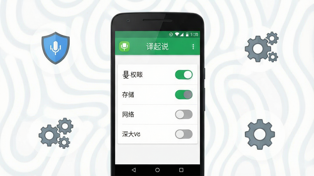 一张表现手机应用安装与权限设置引导的示意图,画面主体为一部安卓手机屏幕显示“译起说”应用的权限管理页面,包含麦克风、存储、网络等开关选项,旁边配有盾牌与齿轮图标,布局为手机居中、图标环绕结构,风格为简洁明快的工具类界面风,细节包括绿色开启状态、灰色关闭状态和清晰的文字标签,画质高清,画面干净,无多余元素
