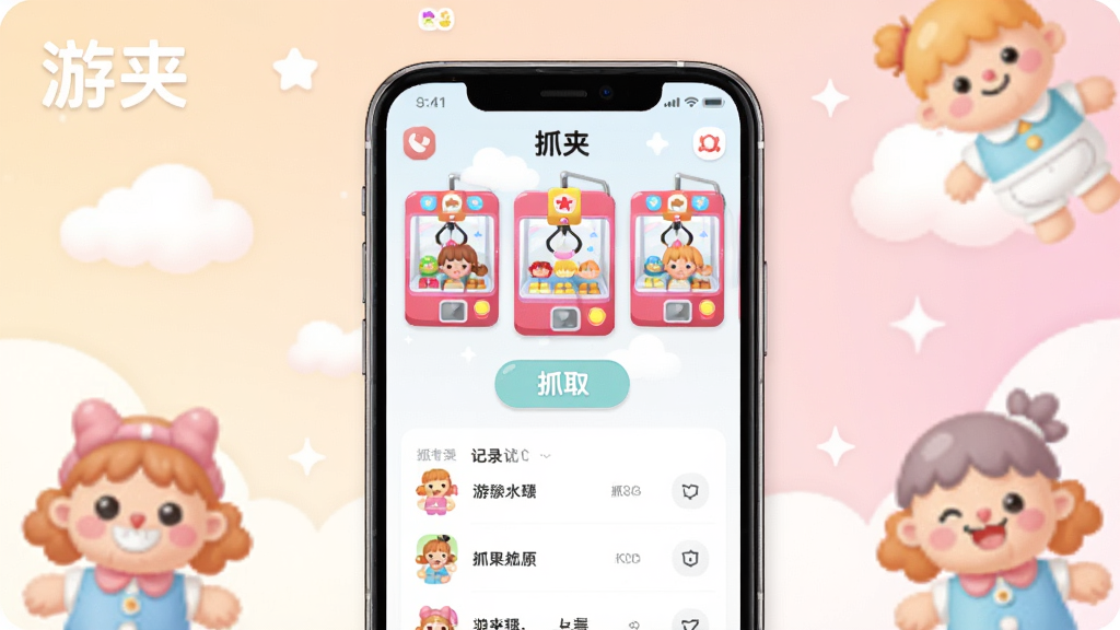 画面主体是一部智能手机,屏幕上显示游夹软件的抓娃娃操作界面,界面中有多个抓娃娃机台缩略图、抓取按钮和记录列表,手机周围环绕卡通风格的娃娃公仔和云朵装饰,整体布局为居中构图、手机竖向摆放,排版干净留白充足,风格为清新扁平化插画,细节包括柔和渐变背景、圆角图标、浅色调按钮,画质高清、干净、无多余元素,图片中可加入文字