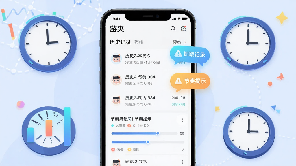 画面主体是游夹软件的抓取记录与节奏提示界面,布局为手机屏幕居中、周围环绕数据图表和时钟图标,排版为上下分区结构,风格为科技感扁平插画,细节包括历史记录列表、进度条、提示气泡,画质高清、干净、无多余元素,图片中可加入文字