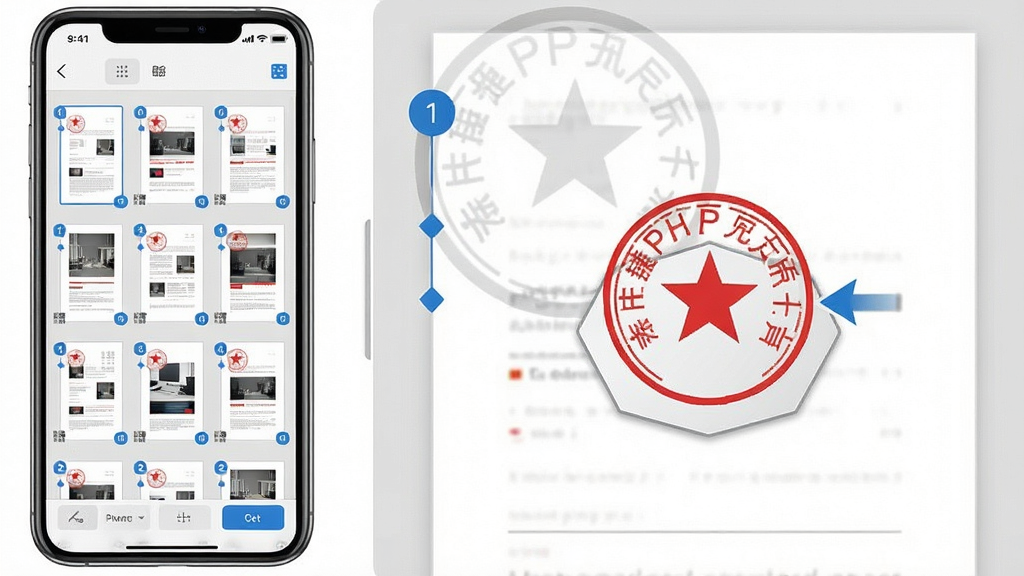 一张展示迅捷PDF编辑器页面管理与公章功能的合成示意图,画面左侧为手机界面显示PDF页面缩略图网格排列,右侧为放大后的文档页面,页面上有一枚红色圆形公章被拖拽放置,整体采用商务办公风格,配色以白色、浅灰、蓝色为主,细节包括页面序号标签与操作按钮,画质清晰,构图左右分栏,干净整洁