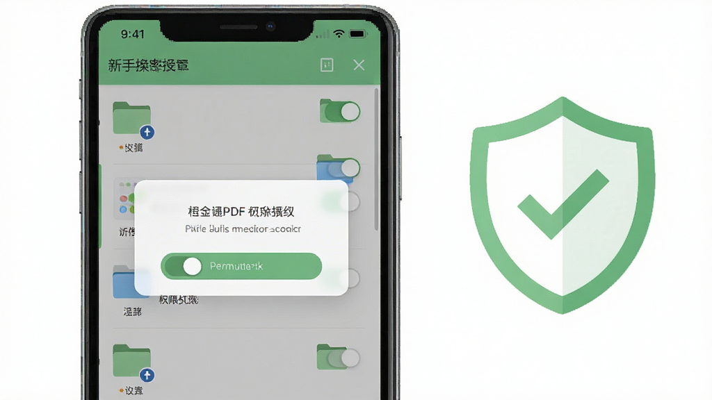 一张展示迅捷PDF编辑器新手操作引导界面的示意图,画面为手机屏幕显示权限授权弹窗与文件列表界面,屏幕旁边放置一个带勾选标记的盾牌图标象征安全设置,整体采用清爽的浅绿色与白色搭配风格,细节包括权限开关按钮与文件夹图标,画质清晰,构图以手机为中心,背景干净无杂乱
