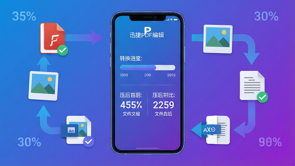 一张展示迅捷PDF编辑器格式转换与压缩功能的流程示意图,画面中央为手机屏幕显示转换进度条与压缩前后文件大小对比数字,屏幕周围环绕PDF图标、图片图标、文本图标以箭头串联形成转换流程,整体采用科技感扁平插画风格,配色为蓝紫渐变,细节包括百分比数字与完成勾选标记,画质清晰,构图居中对称,无多余元素