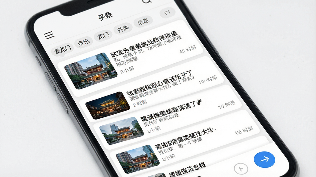 一张资讯聚合界面展示图,主体为手机屏幕,屏幕上呈现爱龙门应用的信息流页面,布局为垂直列表式新闻卡片,每张卡片包含标题、缩略图与时间标签,排版整齐,风格为清新资讯阅读风,细节包含分类标签栏与刷新按钮,画质清晰,画面干净,无多余元素
