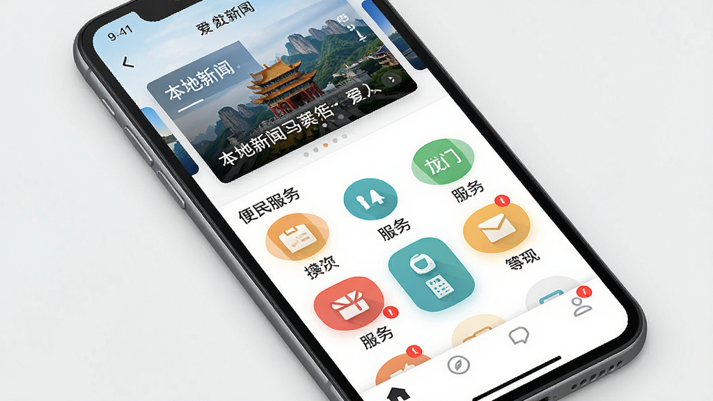 一张手机界面展示图,主体是一部现代智能手机,屏幕上显示爱龙门应用的主页面,布局包含顶部本地新闻轮播图、中部便民服务图标网格、底部导航栏,排版清晰有序,风格为现代扁平化UI设计,细节包含新闻缩略图、服务图标和通知红点,画质高清,画面干净,无多余元素