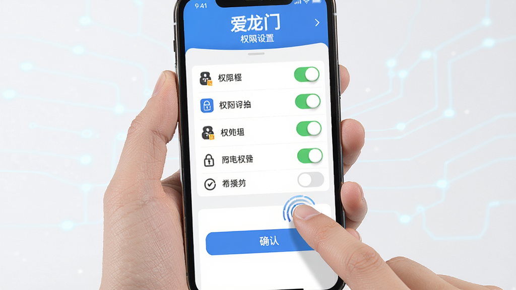 一张手机操作指引示意图,主体为手持智能手机的特写,屏幕上显示爱龙门应用的权限设置页面,布局包含权限开关列表与确认按钮,排版清晰,风格为科技教程风,细节包含手指点击动作与权限图标,画质高清,画面干净,无多余元素