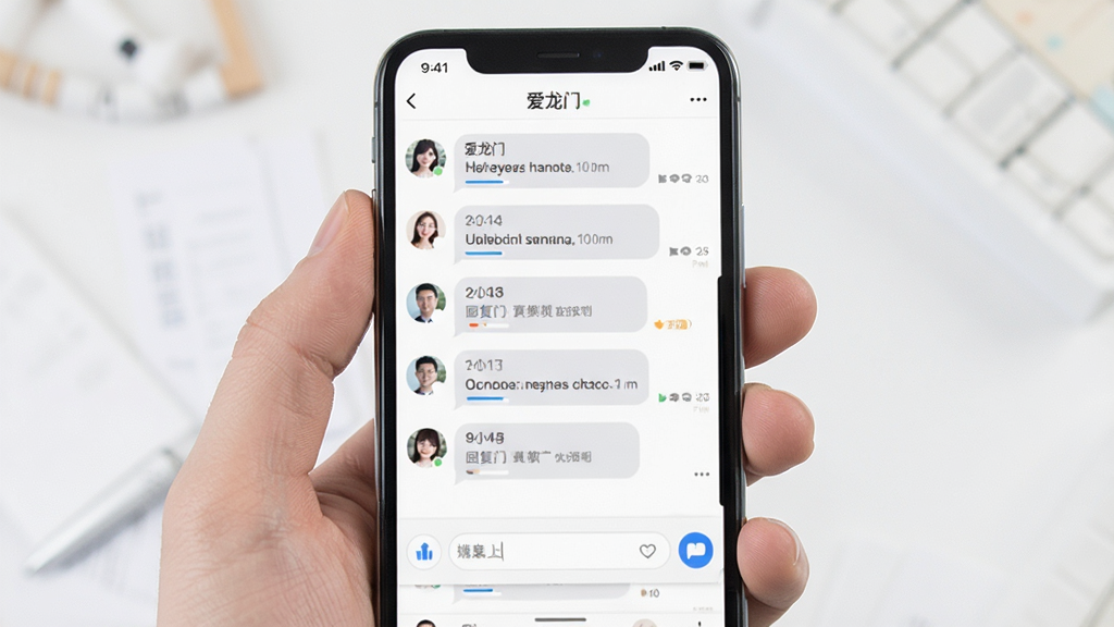 一张社区互动界面展示图,主体为手机屏幕,屏幕上显示爱龙门应用的互动留言板块,布局包含消息气泡列表与输入框,排版简洁,风格为社交对话风,细节包含用户头像、时间戳与回复标识,画质高清,画面干净,无多余元素