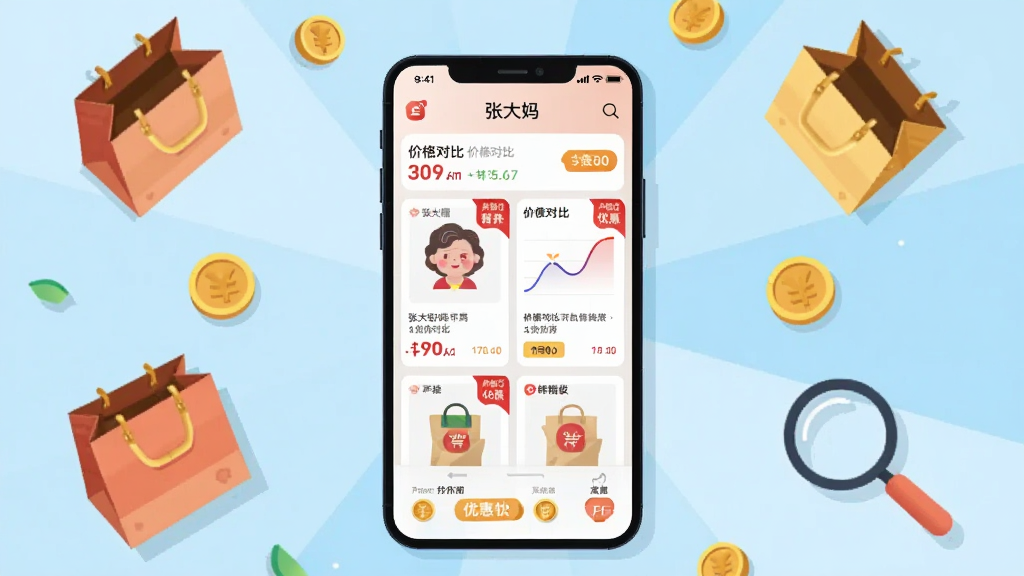 画面主体为一部竖屏智能手机,屏幕中央显示“张大妈”应用首页界面,包含商品卡片、价格曲线和优惠标签,手机周围散落购物袋、金币和放大镜元素,布局采用中心放射式构图,风格为清新扁平化插画,细节上突出价格对比数字与红色促销角标,画质清晰干净,无多余元素