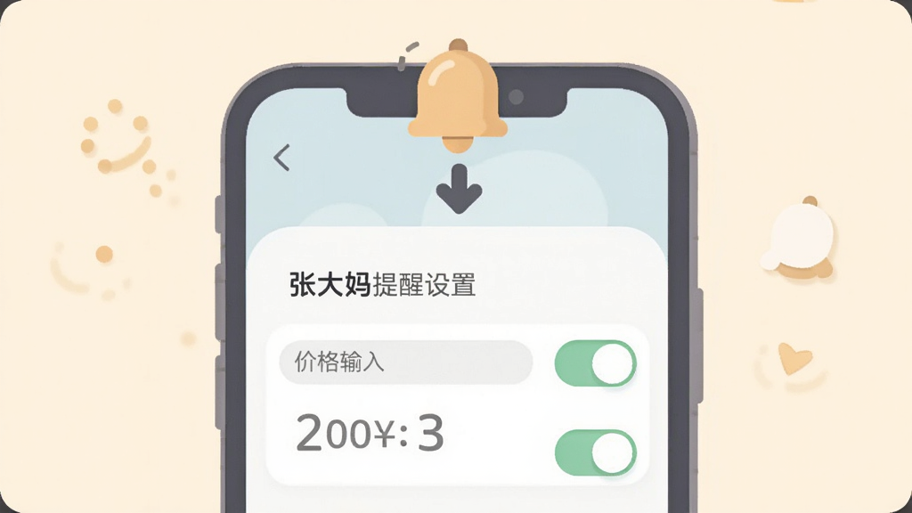 画面主体为一部手机屏幕特写,屏幕上显示“张大妈”降价提醒设置界面,包含价格输入框与开关按钮,手机上方漂浮一个铃铛图标和向下箭头,布局为垂直居中构图,风格为柔和圆角扁平插画,细节上突出提醒开关与价格数字,画质清晰干净,无多余元素