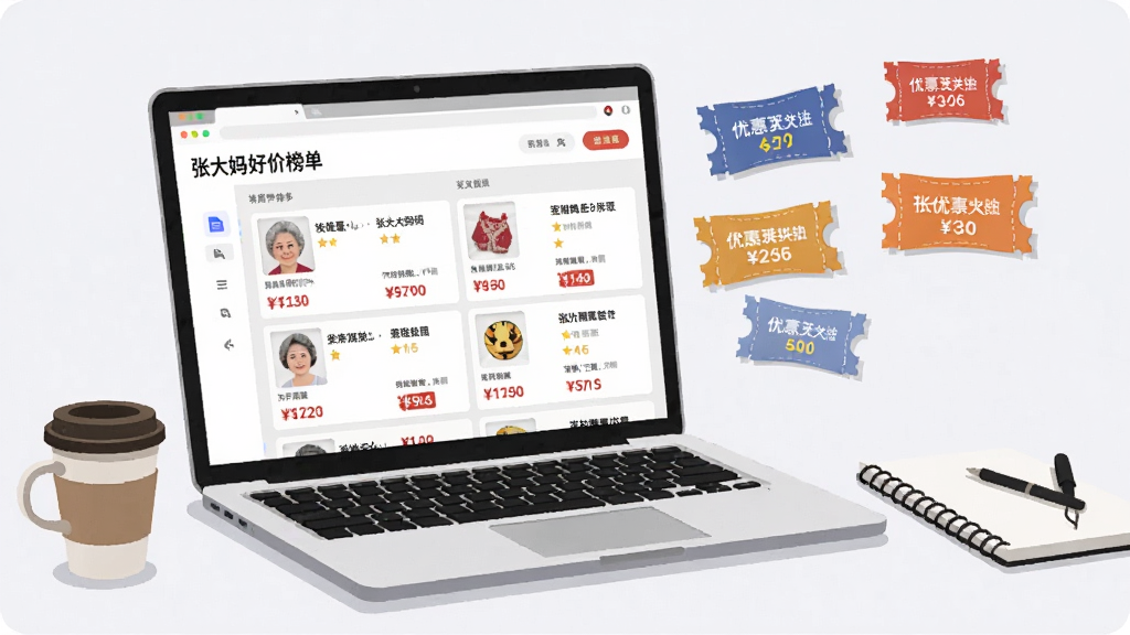 画面主体为一台打开的笔记本电脑,屏幕上呈现“张大妈”好价榜单页面,页面内有多行商品条目与价格标签,电脑旁放置咖啡杯和记事本,布局为左右分栏,左侧电脑右侧悬浮若干优惠券图标,风格为现代简约办公插画,细节上强调榜单排序与价格数字,画质干净清晰,无多余元素