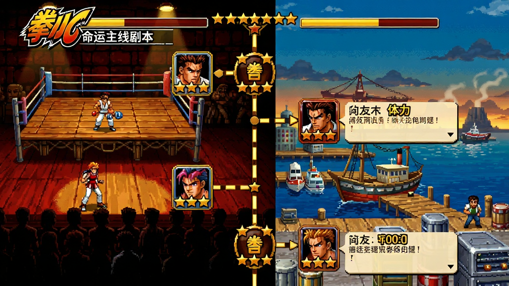 拳皇命运主线剧情副本选择界面,画面中呈现多个关卡节点串联成路线图,背景是拳皇经典场景如擂台与港口;布局为纵向卷轴式;排版层次分明;风格为怀旧街机风,暖黄与暗红配色;细节包含关卡星级、体力值、剧情对话气泡;画质高清,干净,无多余元素