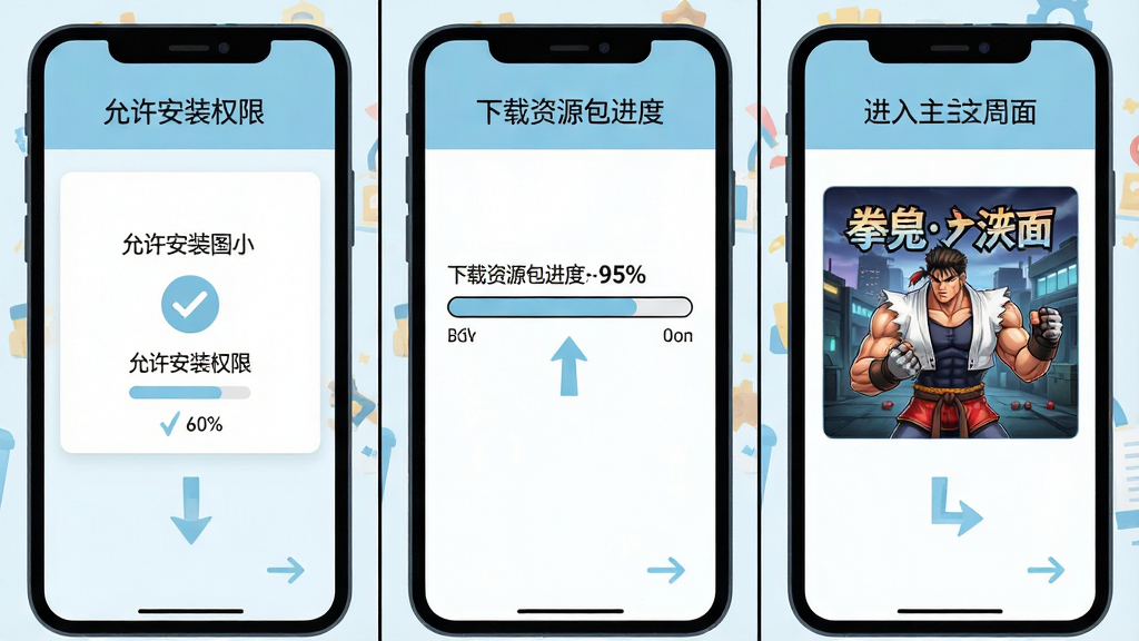 拳皇命运新手安装流程图,画面为手机屏幕依次展示允许安装权限、下载资源包进度条、进入游戏主界面三个步骤;布局为横向三格分镜;排版直观;风格为扁平化教程插画,浅蓝与白色为主;细节包含勾选图标、进度百分比、箭头指引;画质高清,干净,无多余元素