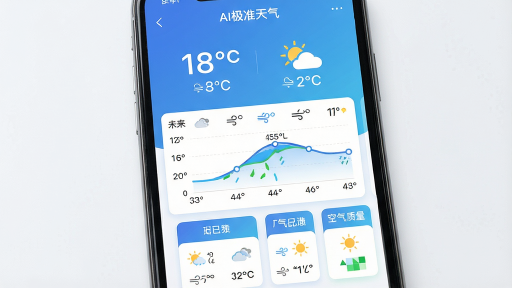 一张手机屏幕展示天气应用界面,画面中央是