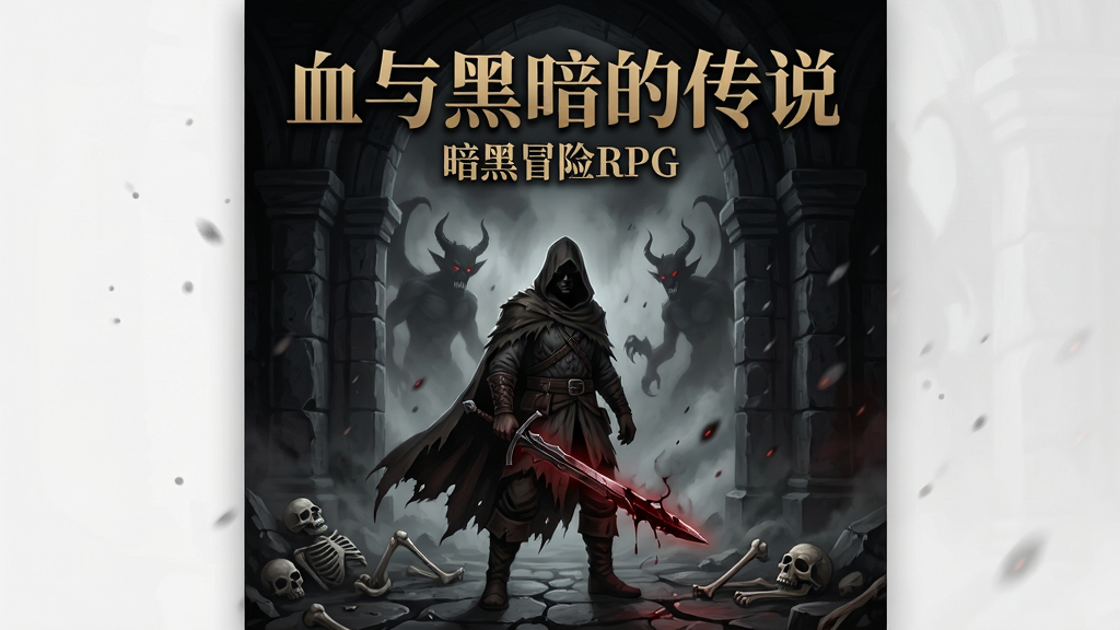 画面主体是一位身披破旧斗篷的暗黑风格流浪战士,站在幽暗地牢入口处,手持泛着暗红色微光的残破长剑,脚下是碎裂的石板与散落的骸骨。布局采用竖版构图,人物居中偏下,上方留出深邃的拱形门洞与弥漫的雾气。排版上标题文字置于画面顶部,用暗金色字体写“血与黑暗的传说”,副标题小字写“暗黑冒险RPG”。风格为哥特暗黑奇幻插画,细节包括斗篷的磨损纹理、剑身上的裂纹与血光、背景中隐约的恶魔轮廓与飘浮的灰烬颗粒。画质高清,画面干净,无多余元素,整体色调以黑、灰、暗红为主,营造压抑而神秘的氛围。