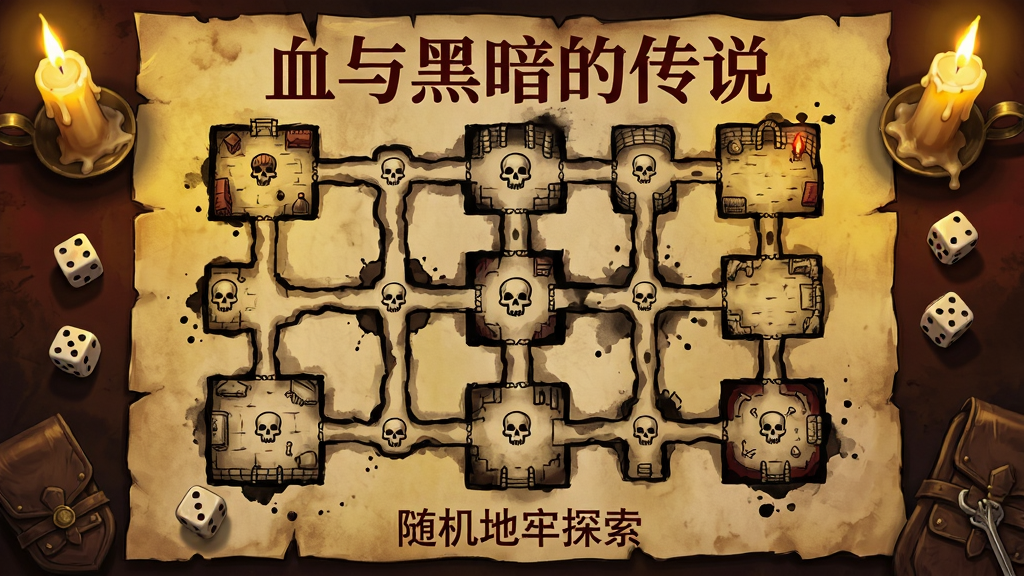 画面主体是一张展开的羊皮纸地图,上面绘制着错综复杂的地牢通道与房间节点,地图边缘有燃烧的蜡烛和散落的骰子。布局为俯视视角,地图占据画面主体,四周点缀冒险道具。排版上地图上方用暗红色字体写“血与黑暗的传说”,下方小字标注“随机地牢探索”。风格为复古手绘羊皮纸质感,细节包括地图上的墨迹晕染、节点处的骷髅标记、蜡烛的暖黄光晕。画质清晰,画面干净,无多余元素,整体色调为棕黄与暗红。
