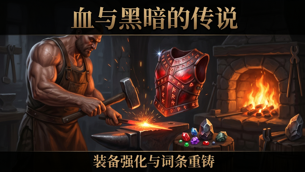 画面主体是一位铁匠在昏暗的锻造炉前敲打一件泛着红光的胸甲,铁砧旁散落着宝石与强化石。布局为横版构图,铁匠位于左侧,锻造炉火焰位于右侧,装备悬浮在铁砧上方。排版上画面顶部用暗金色字体写“血与黑暗的传说”,底部小字写“装备强化与词条重铸”。风格为暗黑奇幻写实插画,细节包括铁匠的肌肉纹理、火星飞溅的轨迹、胸甲上的符文刻痕、宝石的切面反光。画质高清,画面干净,无多余元素,整体色调为橙红与深灰。