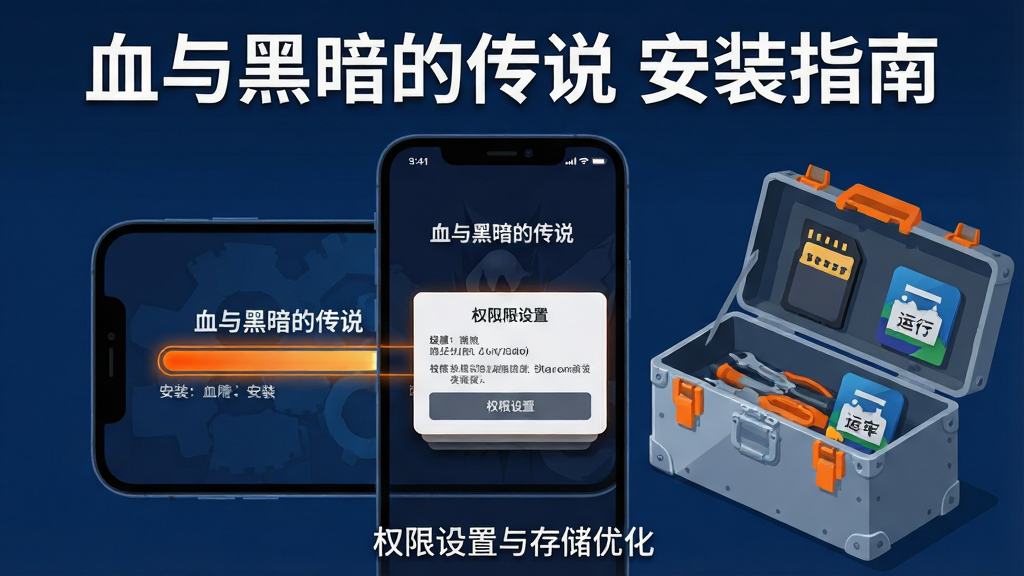 画面主体是一部智能手机屏幕特写,屏幕上显示“血与黑暗的传说”游戏安装进度条与权限设置弹窗,手机旁边放置一个打开的工具箱,内有存储卡与运行库图标。布局为横版构图,手机居中,工具箱位于右下角。排版上画面顶部用白色字体写“血与黑暗的传说 安装指南”,底部小字写“权限设置与存储优化”。风格为扁平化科技插画,细节包括进度条的发光效果、弹窗的阴影层次、工具箱的金属质感。画质清晰,画面干净,无多余元素,整体色调为深蓝与亮橙。