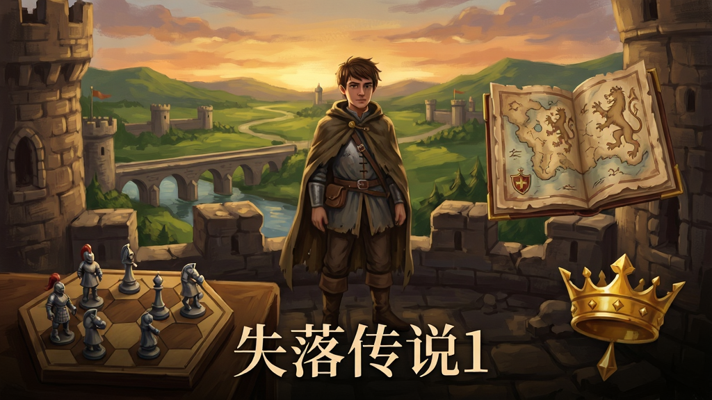 画面中央是一位身披旧斗篷的年轻领主站在残破城堡的望台上,远处是连绵的绿色山谷与古老石桥,天空泛着黄昏暖光,近景左侧摆放着六边形战棋棋盘与几枚骑士棋子模型,右侧悬浮着一本摊开的羊皮纸地图与金色王冠纹章,画面下方用优雅衬线字体写着“失落传说1”,整体为手绘奇幻插画风格,色调温暖厚重,细节丰富,画质清晰,干净无多余元素