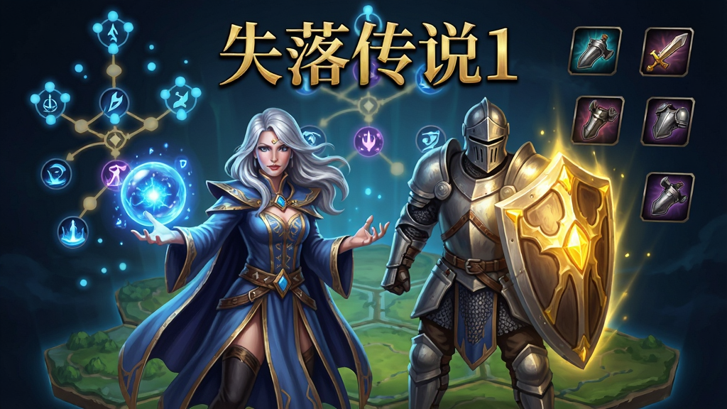 一位银发女法师与一位持盾骑士并肩站在六边形战棋地图上,法师手中凝聚蓝色符文光球,骑士盾牌泛着金色光芒,背景是漂浮的技能树光点与装备图标,画面上方用金色字体写着“失落传说1”,整体为奇幻游戏宣传插画风格,构图对称,光影层次分明,画质精细,干净无杂乱元素