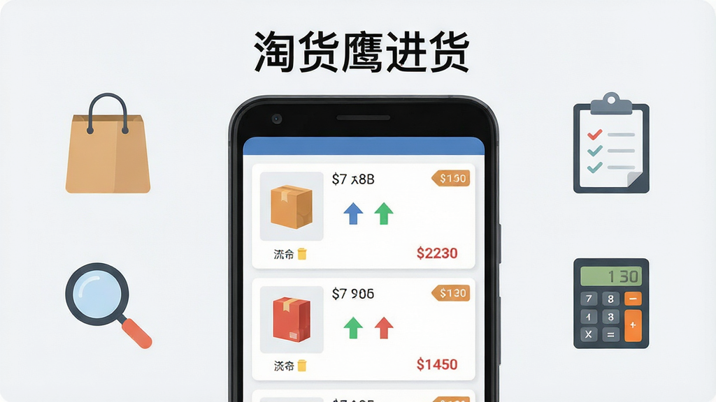 手机应用商店风格展示页,画面中央一部竖屏安卓手机,屏幕内呈现商品列表与价格对比界面,手机上方悬浮软件名称“淘货鹰进货”字样,背景为浅灰白色简洁布局,左侧放置购物袋与放大镜图标,右侧放置清单与计算器图标,整体排版干净对称,风格为扁平化商务插画,细节包括商品卡片、价格标签、对比箭头,画质清晰,干净,无多余元素