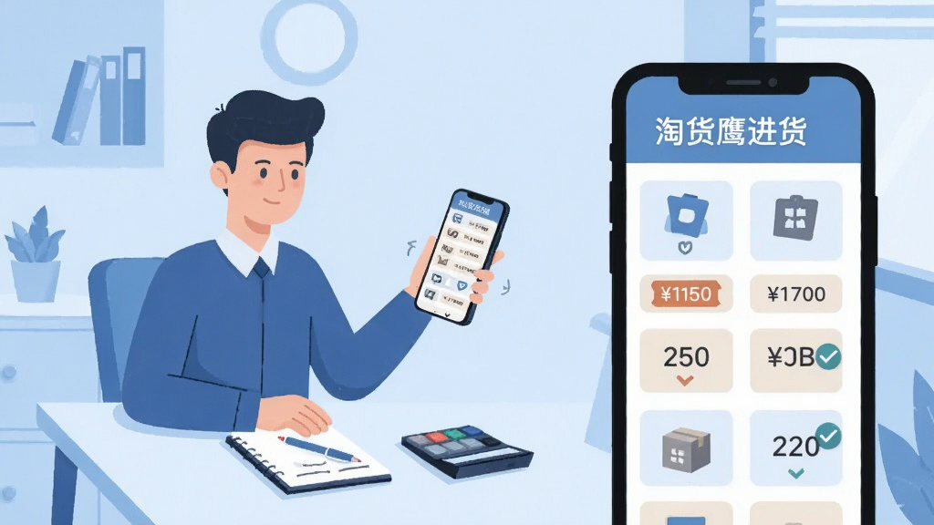 扁平化插画,画面主体为一名店主坐在桌前使用手机浏览商品分类列表,手机屏幕中显示“淘货鹰进货”字样与多个商品分类标签,桌面摆放笔记本和计算器,背景为浅蓝色简约室内场景,布局为左侧人物右侧手机界面特写,风格清新商务,细节包括分类图标、价格标签、勾选标记,画质清晰,干净,无多余元素