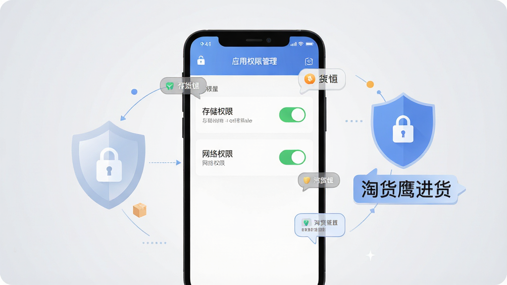 手机安全设置界面示意图,画面中央一部手机显示应用权限管理页面,页面中包含存储权限与网络权限开关,手机旁放置盾牌图标与“淘货鹰进货”文字标签,背景为浅灰色渐变,布局为手机居中、图标环绕,风格为科技感扁平插画,细节包括权限开关状态、提示气泡、锁形图标,画质清晰,干净,无多余元素