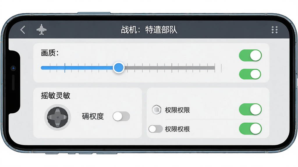 手机横屏显示游戏设置界面,包含画质调节滑块、摇杆灵敏度选项与权限开关列表,界面顶部有“战机: 特遣部队”标题栏,风格为扁平化设置面板,细节包括开关高亮状态、滑块刻度、图标线条简洁,画质清晰干净