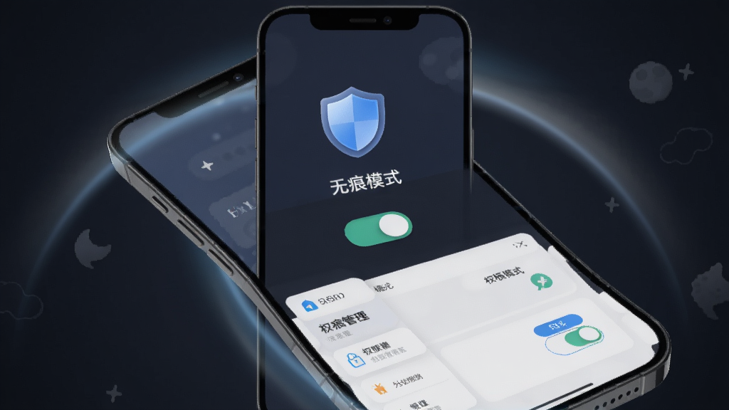 月亮浏览器隐私保护功能展示,画面为手机屏幕内呈现盾牌图标与无痕模式开关界面,周围以柔和光效环绕,背景为深色系,风格安全稳重,细节包含权限管理列表与开关按钮,画质清晰,干净,无多余元素