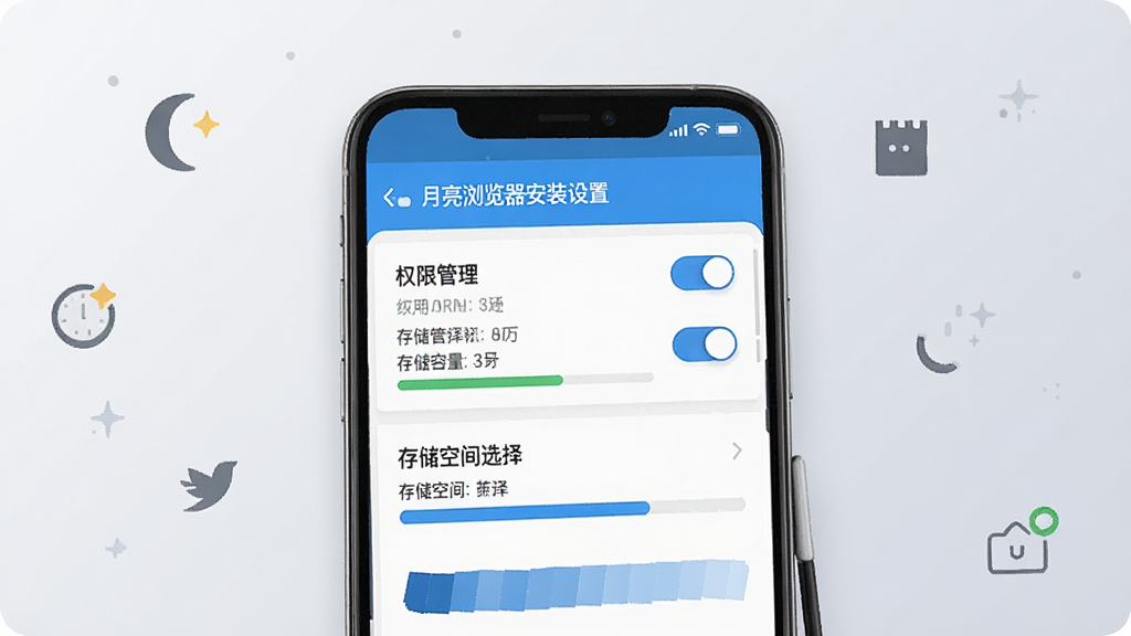月亮浏览器安装设置界面展示,画面为手机屏幕内呈现权限管理列表与存储空间选择界面,周围以简洁图标点缀,背景为浅灰渐变,风格清爽实用,细节包含开关按钮与存储容量条,画质清晰,干净,无多余元素