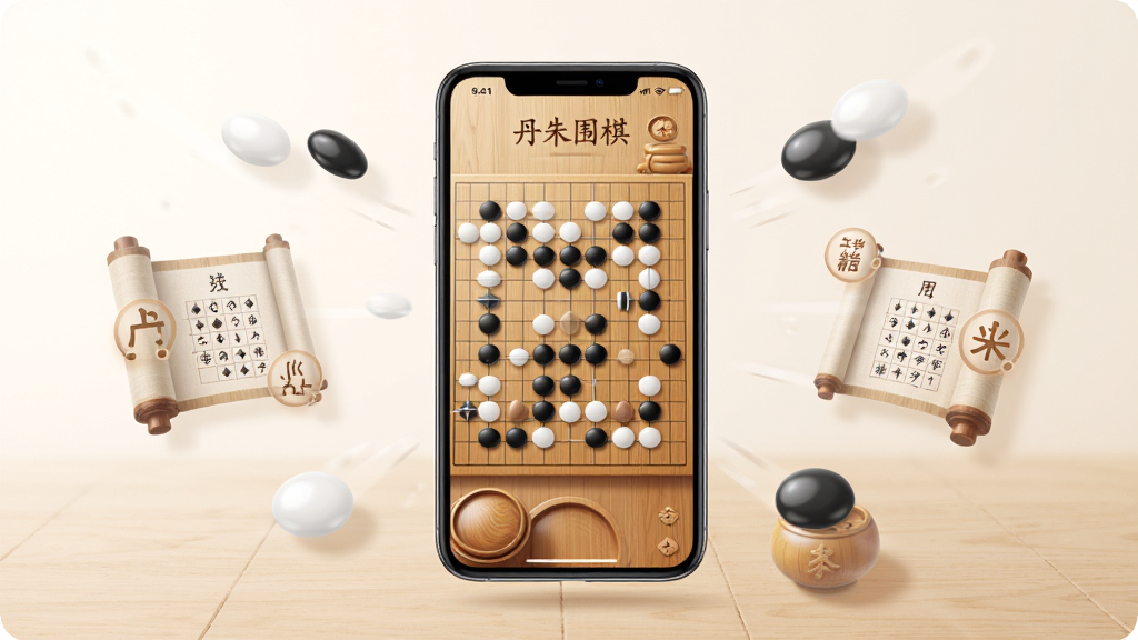 主体为一部智能手机居中显示围棋对弈界面,棋盘上黑白棋子错落分布,手机周围环绕半透明的围棋棋子、棋谱卷轴与教学图标,布局采用中心对称构图,排版上手机占据画面视觉中心,背景为浅木色与米白色渐变的简约风格,细节处体现木质棋盘纹理与柔和光影,画质清晰干净,画面中打文字“丹朱围棋”,整体无多余装饰元素