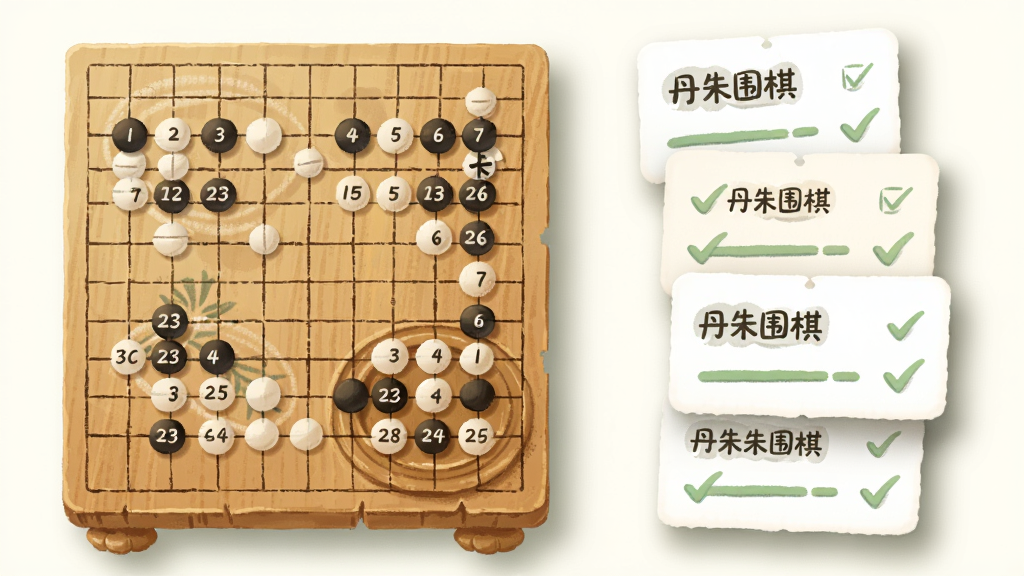 主体为一块木质围棋盘与悬浮的课程卡片,布局上棋盘位于画面左侧、卡片沿右侧纵向排列,排版呈现教学目录的层次感,风格为清新教育插画风,细节包含棋子上的序号标记、卡片上的勾选进度图标与柔和阴影,画质干净清晰,画面中打文字“丹朱围棋”,无多余元素