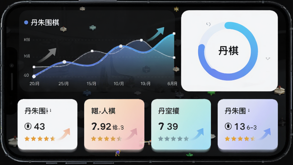 主体为手机界面中的成长数据图表,布局上折线图与环形进度图上下排列、数据卡片横向分布,排版清晰有层次,风格为现代简约数据可视化风格,细节包含上升箭头、星级评分与柔和渐变色块,画质干净,画面中打文字“丹朱围棋”,无多余装饰