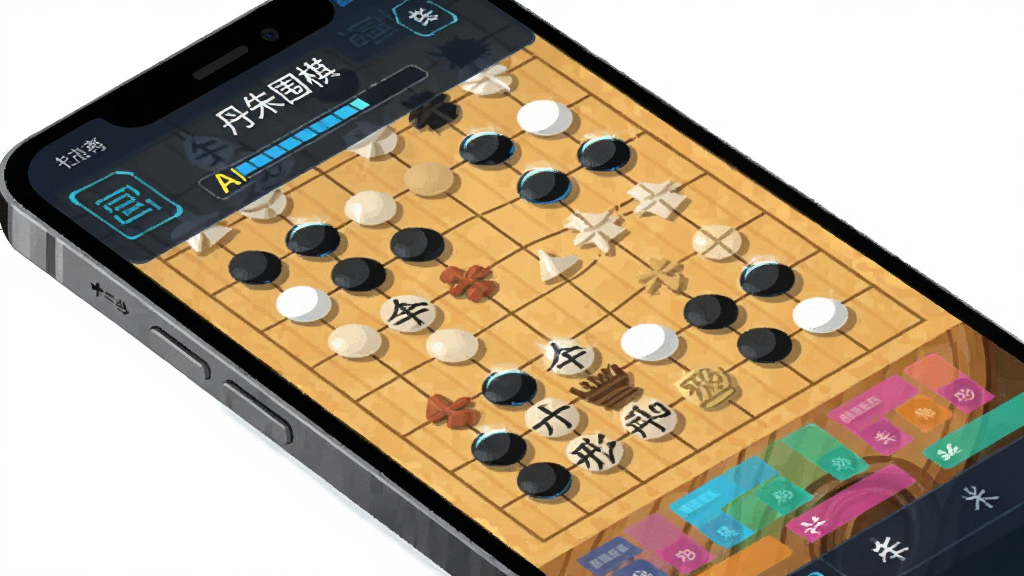 主体为手机屏幕上的围棋对局界面,布局采用斜俯视视角、棋盘占据画面大部分区域,排版上胜负提示浮层位于顶部,风格为科技感扁平插画,细节包含AI思考进度条、黑白棋子高光与形势判断色块,画质清晰干净,画面中打文字“丹朱围棋”,无杂乱背景