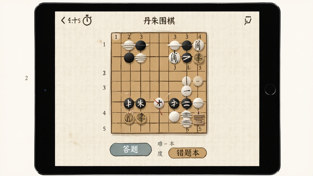 主体为平板设备展示死活题练习页面,布局上题目棋盘居中、答题按钮与难度标签分布在下方,排版整齐对称,风格为素雅纸质感插画,细节包含题目编号、计时器图标与错题本标记,画质干净清晰,画面中打文字“丹朱围棋”,背景简洁无多余元素