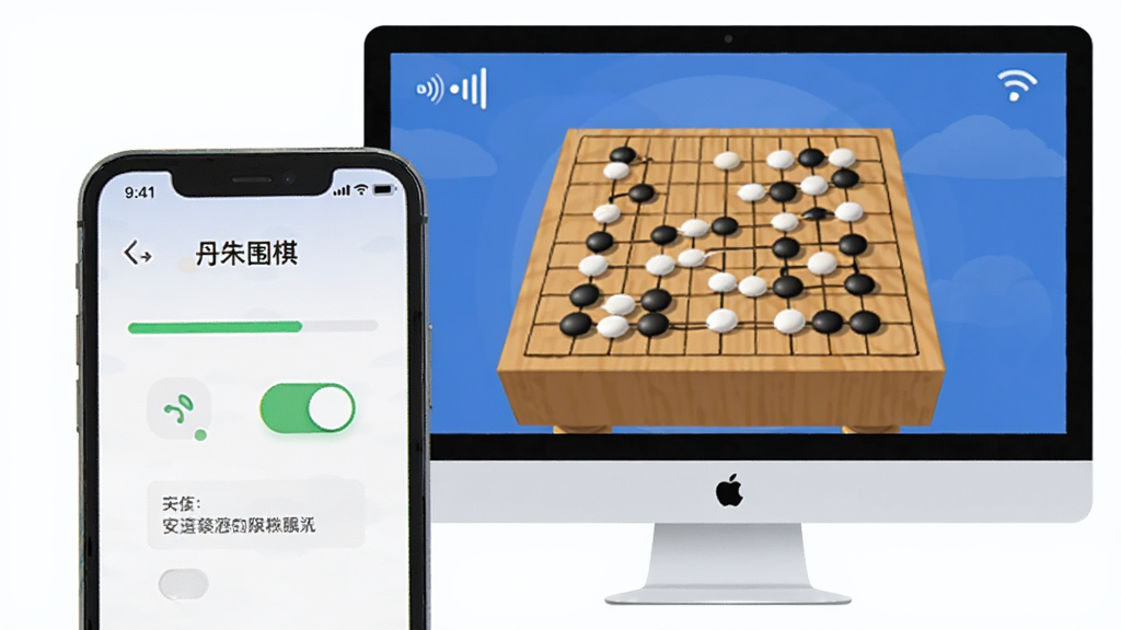 主体为手机与电脑双端展示丹朱围棋运行画面,布局上手机位于前景、电脑显示器位于背景,排版呈现前后层次,风格为清爽科技插画,细节包含安装进度条、权限开关图标与网络信号标识,画质干净清晰,画面中打文字“丹朱围棋”,无多余元素