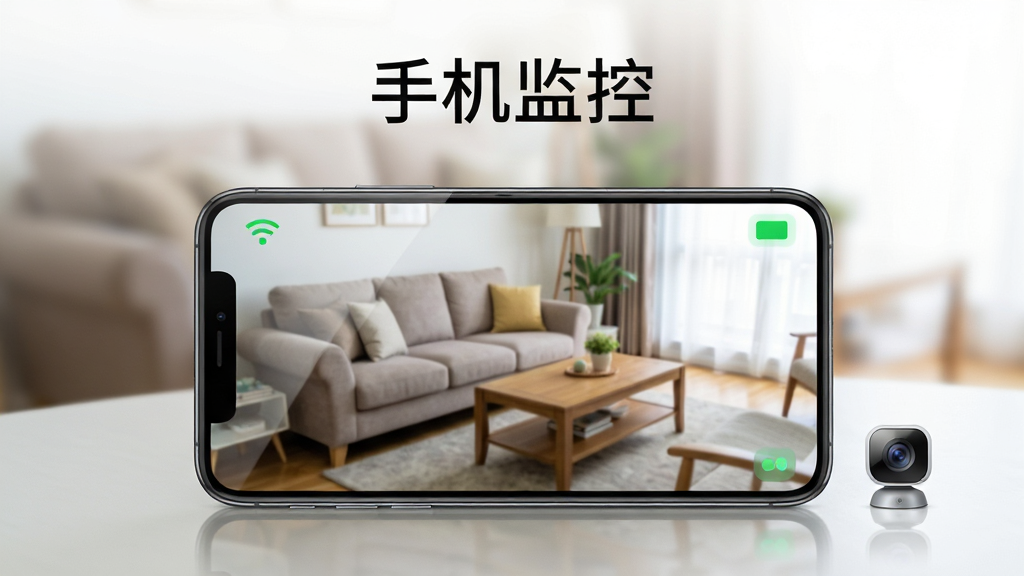 画面主体是一部智能手机立在桌面上,屏幕中显示着家庭客厅的实时监控画面,画面一角有绿色的连接状态标识,手机旁边配有一个小巧的摄像头图标;布局采用居中构图,手机占画面主要位置,背景是虚化的居家环境;排版简洁,上方留白处写有“手机监控”四个字;风格为写实科技风,光线明亮柔和;细节上手机屏幕有轻微反光,监控画面清晰可见沙发与茶几;画质高清,干净,无多余元素