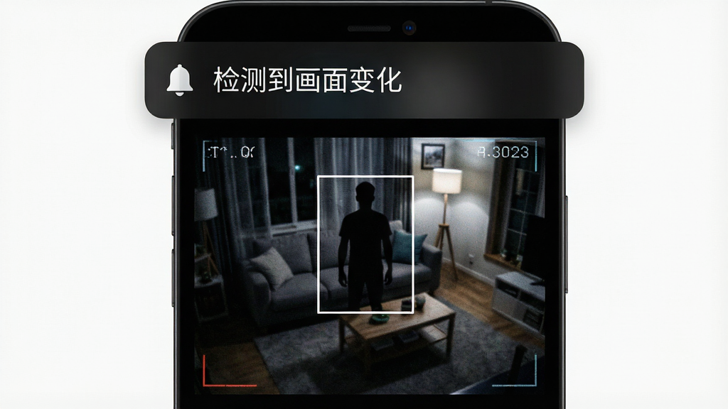 手机屏幕弹出通知横幅,横幅上写有“检测到画面变化”字样,背景是夜晚的客厅监控画面,画面中有一个人影轮廓被方框标注;布局为通知横幅位于屏幕顶部,监控画面铺满下方;风格为暗色调科技感;细节上通知图标为铃铛形状,画面有轻微噪点体现夜间效果;画质清晰,干净,无多余元素